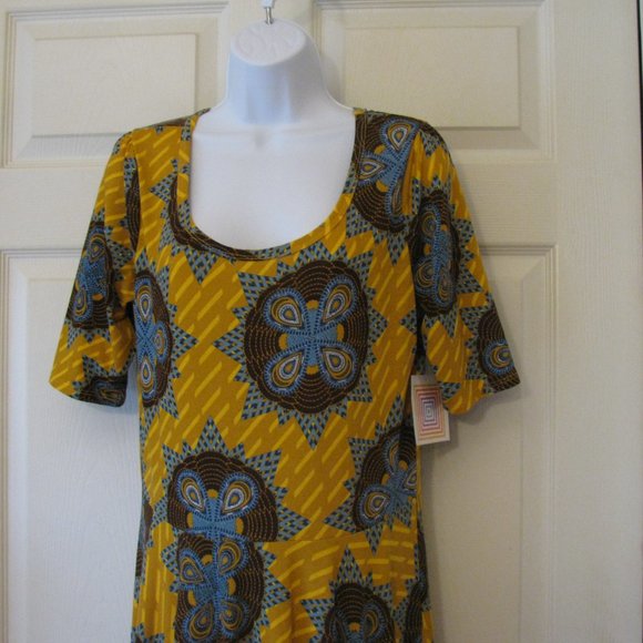 LuLaRoe Nicole Dress XL NWT $45 Mustard Brown & Blue Print Fit & Flare Full - Picture 2 of 4